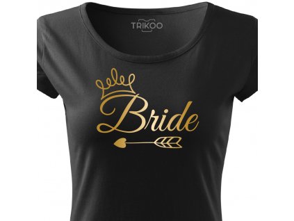 Dámské tričko na rozlučku se svobodou pro nevěstu BRIDE ELEGANT černé s korunkou zlatý potisk detail