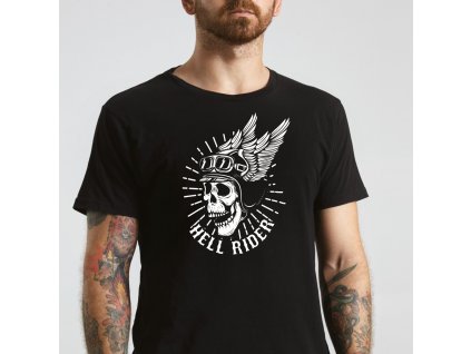 Pánské tričko pro motorkáře s lebkou a brýlemi na motorku harley Hell Rider černé