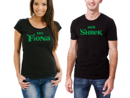 Trička pro páry Shrek a Fiona Černé a Zelený potisk