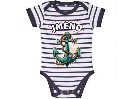 Dětské pruhované BODY vodácké tričko SAILOR sols s krátkým rukávem námořní modrá bílá S VOLBOU JMÉNA a kotvou