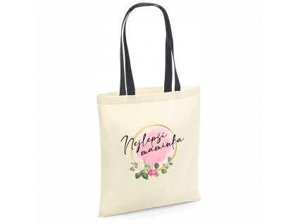 Bavlněná nákupní taška nejlepší maminka floral (barva přírodní) černá rukojeť