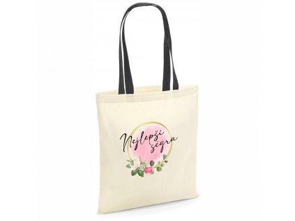Bavlněná nákupní taška nejlepší ségra floral (barva přírodní) černá rukojeť