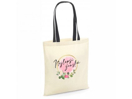 Bavlněná nákupní taška nejlepší ženská floral (barva přírodní) černá rukojeť