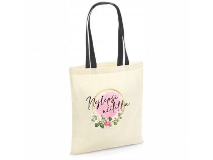 Bavlněná nákupní taška nejlepší učitelka floral (barva přírodní) černá rukojeť