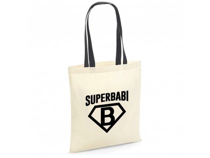 Bavlněná nákupní taška s potiskem SUPER BABI pro babičku přírodní barva černé uši