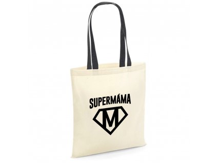 Bavlněná nákupní taška s potiskem SUPER MÁMA pro maminku přírodní barva černé uši