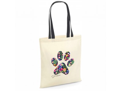 Bavlněná nákupní taška KVĚTINOVOU TLAPKOU a jmény pejsků (barva přírodní) černá rukojeť