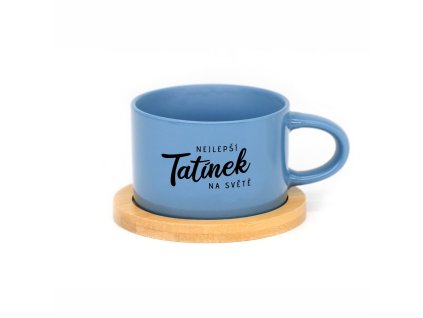 Hrneček makronka pro tatínky s potiskem Nejlepší TATÍNEK NA SVĚTĚ modrý s bambusovým podtáckem