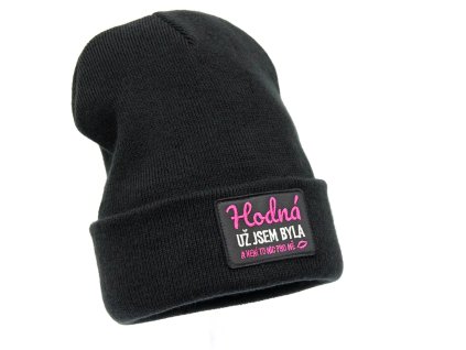 Dámská zimní čepice kulich Hodná už jsem byla a není to nic pro mě ČERNÝ s bílo RŮŽOVOU výšivkou