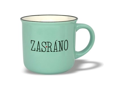 Hrneček keramický RETRO smalt imitace plecháček s potiskem ZASRÁNO mint zelený