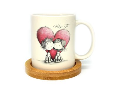 Hrnek klasik matný 300ml Miluji tě srdce s podtáckem světle skrémový