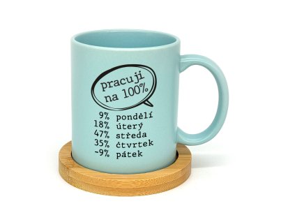 Hrnek klasik matný 300ml Pracuji na 100% s podtáckem aqua modrý