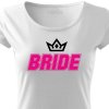Dámské tričko na rozlučku se svobodou Nevěsta BRIDE FANS bílé s korunkou růžovo černý potisk detail
