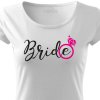 Dámské tričko na rozlučku se svobodou Nevěsta BRIDE CRAZY bílé s prstýnkem bílo růžový potisk detail