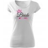 Dámské tričko na rozlučku se svobodou pro nevěstu BRIDE ELEGANT bílé s korunkou černo růžový potisk