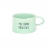 Hrneček makronka s vtipným potiskem MOC RÁNO MÁLO KAFE zelený mint
