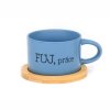 Hrneček makronka s vtipným potiskem FUJ PRÁCE modrý s bambusovým podtáckem