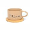 Hrneček makronka s vtipným potiskem FUJ PRÁCE hnědý s bambusovým podtáckem