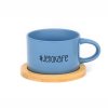 Hrneček makronka pro páry s vtipným potiskem JEHO KAFE modrý s bambusovým podtáckem