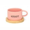 Hrneček makronka pro páry s vtipným potiskem JEHO KAFE růžový s bambusovým podtáckem