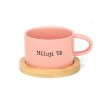 Hrneček makronka pro zamilované páry s potiskem MILUJI TĚ růžový s bambusovým podtáckem