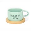 Hrneček makronka s potiskem LOVE SMILE DREAM láska úsměv sny mint s bambusovým podtáckem