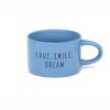 Hrneček makronka s potiskem LOVE SMILE DREAM láska úsměv sny modrý