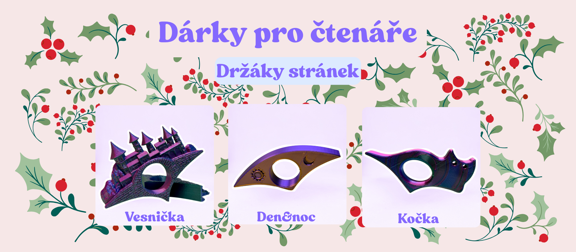 3D tisk - vánoční dárky - držáky stránek & záložky