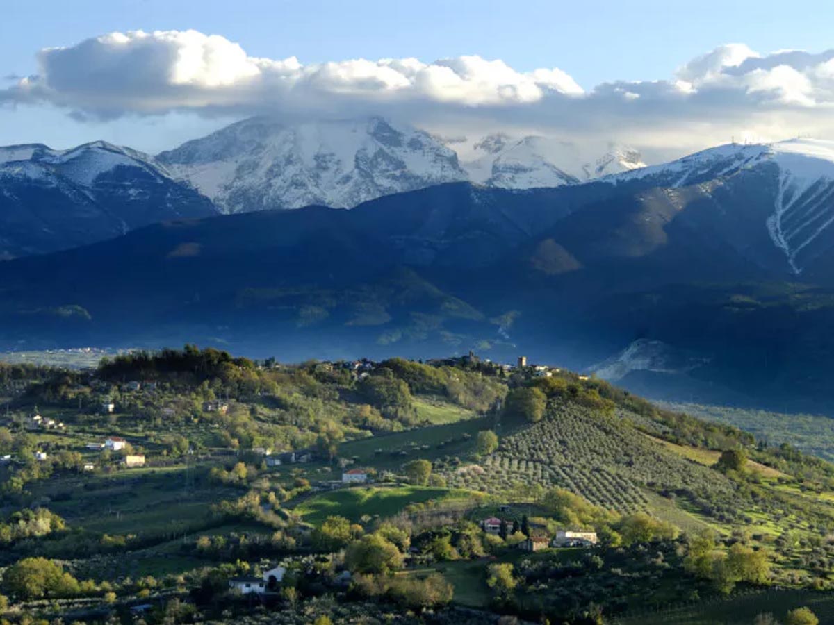 Kopcovitá krajina Abruzza s vinicami nad pobrežím Jadranu