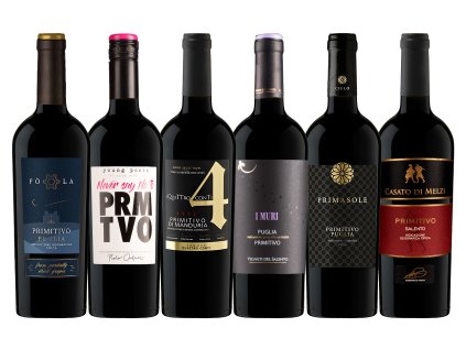 Balíček talianskych vín Primitivo – 6 cenovo výhodných červených vín z Puglie, Fantini, Biscardo, Conti Zecca, ovocné a zamatové vína