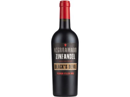 Black Devil’s Negroamaro Zinfandel Puglia – polosuché červené, jahoda, černica, ríbezľový džem, vanilka, 15% alkoholu