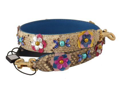 Béžový python kožený ramenní popruh s květinami