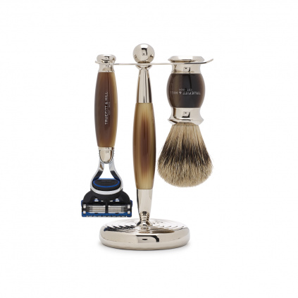 Edwardian Set Faux Horn Badger Brush Fusion Razor Stand