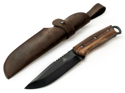 Bushcraft nůž s modrou čepelí z uhlíkové oceli s rukojetí z ořechu s koženým pouzdrem BeaverCraft BSH4