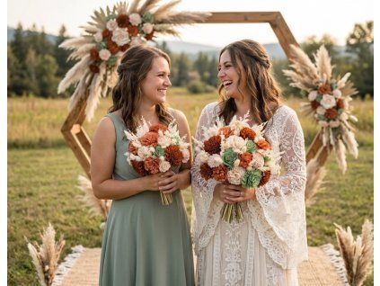 Boho nevěsta a družička s dřevěnými kyticemi.