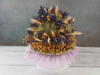 Ručně vyráběný flower box s dřevěnými trvanlivými květinami Sola - levandulový mix