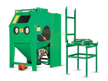 Tryskací kabina s otočným stolem a kolejnicovým systémem