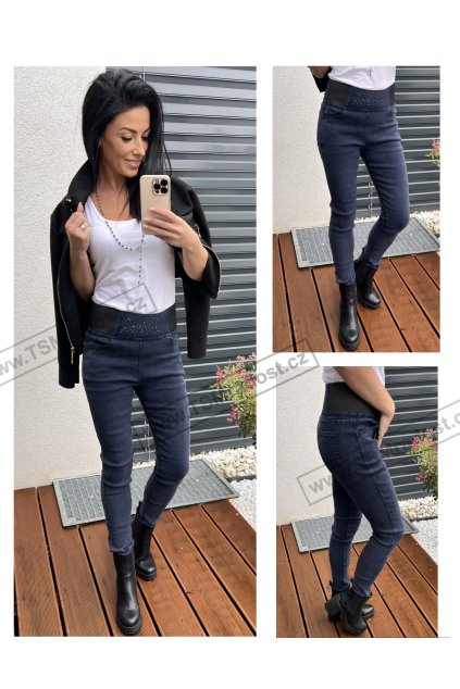 Legíny elastik Jeans Tm. modré CRYSTALS