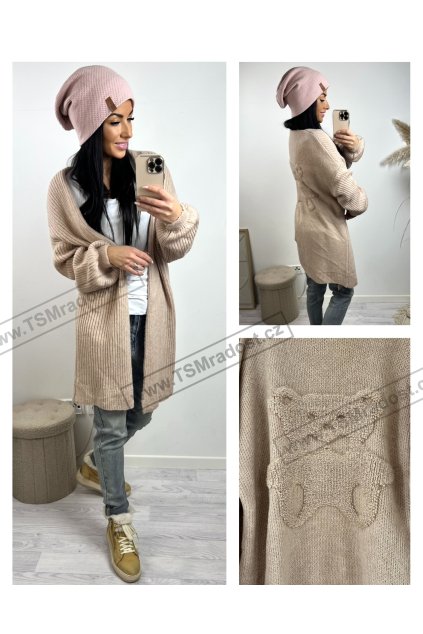 Svetr Cardigan pudr 3D méďa na zádech