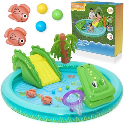 Nafukovacie ihrisko CROCODILE šmykľavka + postrekovač + loptičky Bestway 53166