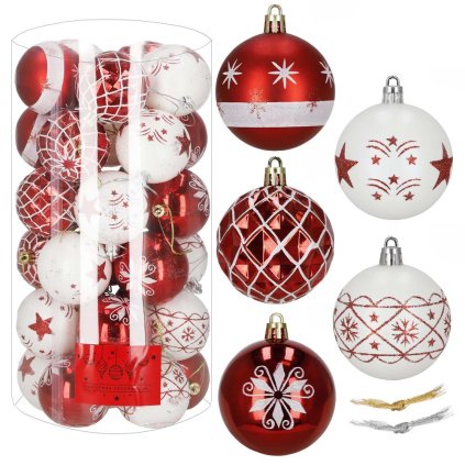 Vianočné gule, vianočné ozdoby na stromček, 30 kusov, nerozbitné, biele a červené Springos CA0987