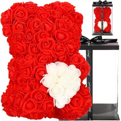 Medvedík z ružových lupeňov, 25 cm – červený s bielym srdcom HA7219