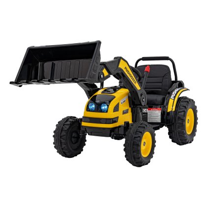 Batériový bager-traktor pre deti žltý + pohyblivé rameno lyžice + diaľkové ovládanie + pomalý štart + FM rádio + LED