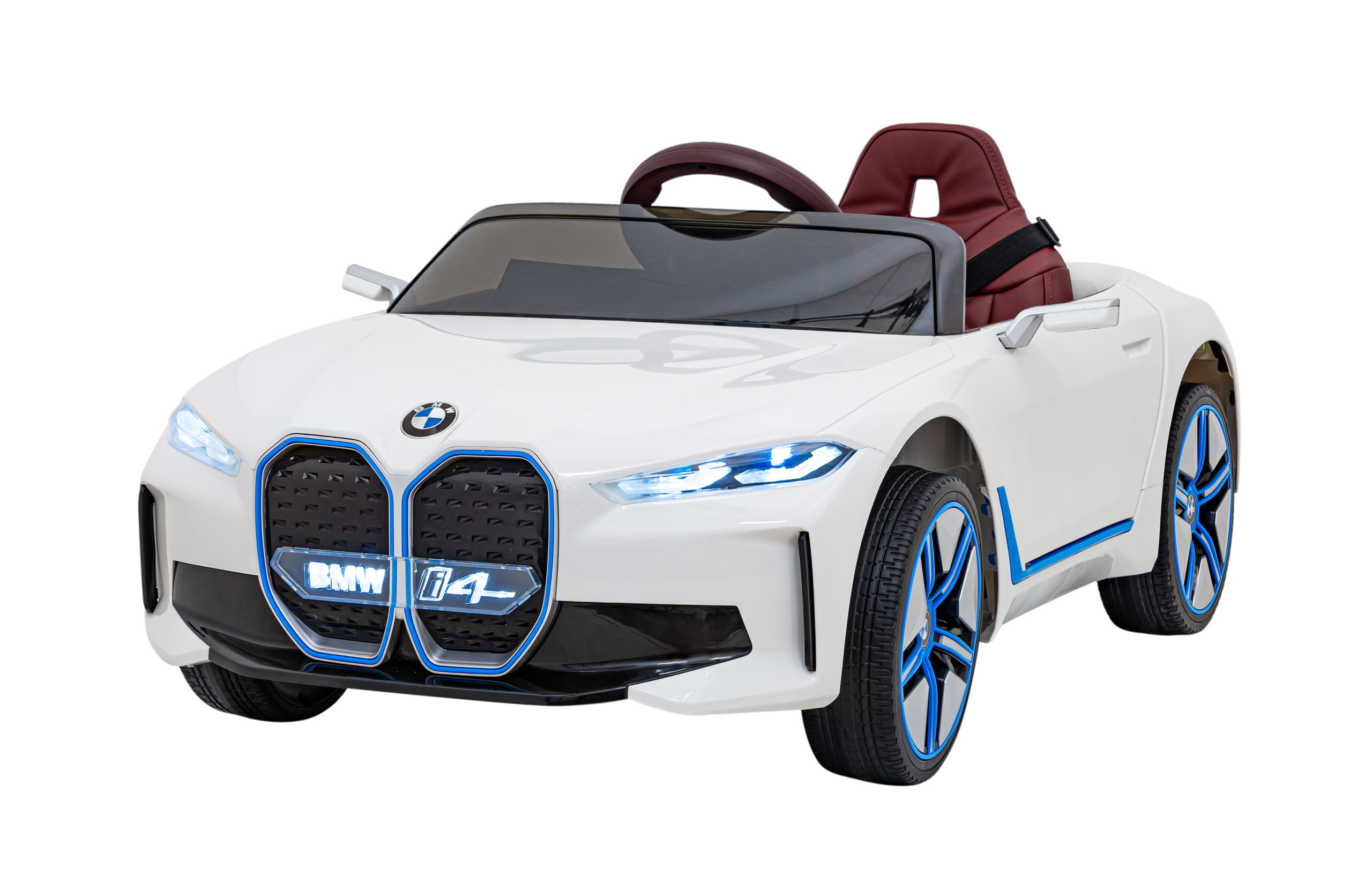 Detské auto BMW i4 na batérie, biele + pomalý štart + EVA + ekokoža + audio LED + diaľkové ovládanie