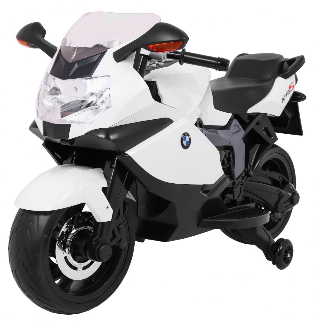 Detská batériová motorka BMW K1300S biela + podporné kolieska + zvuky, svetlá + pomalý štart