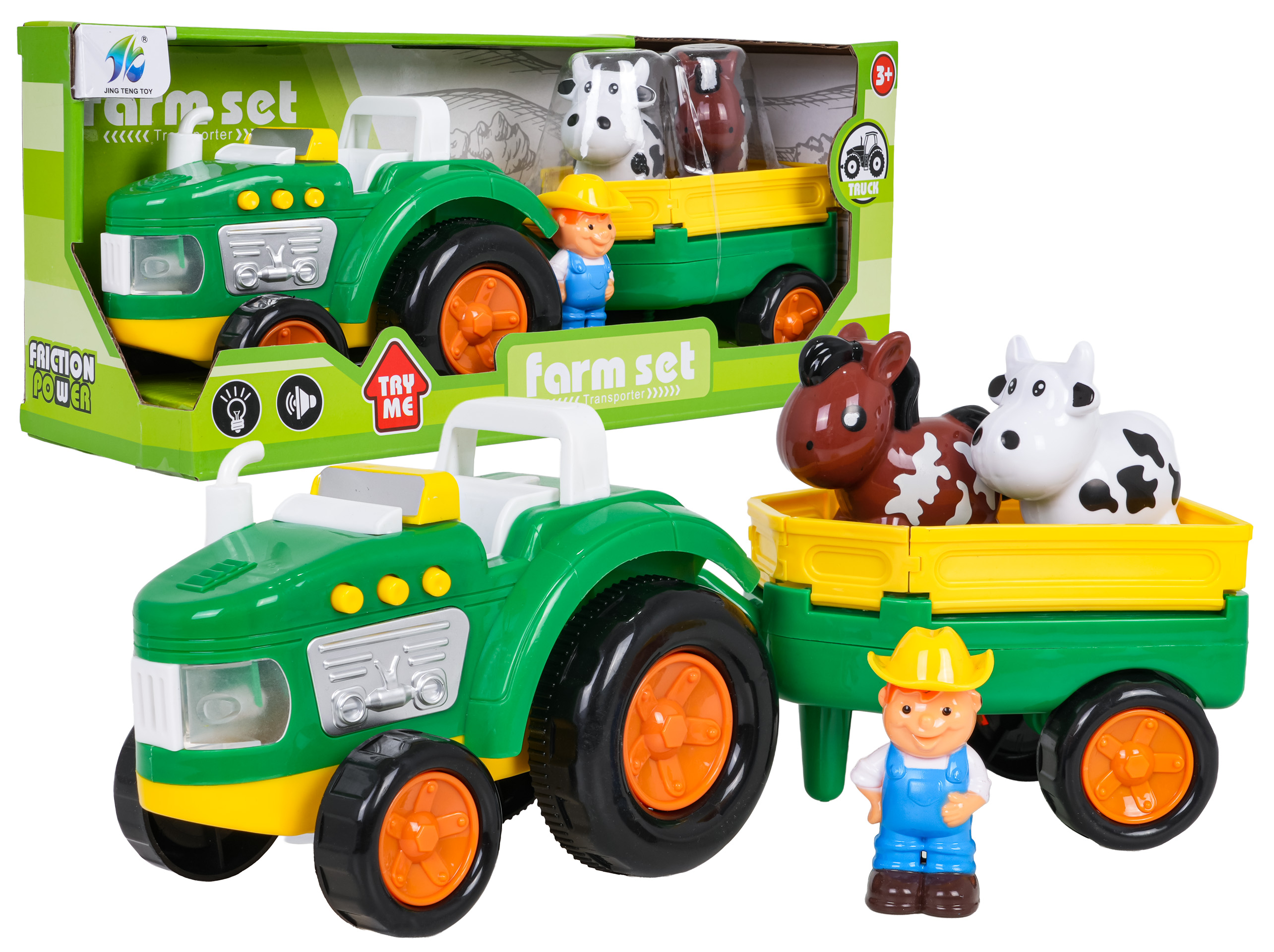 Farmársky traktor a figúrky farmára, kravy a koňa
