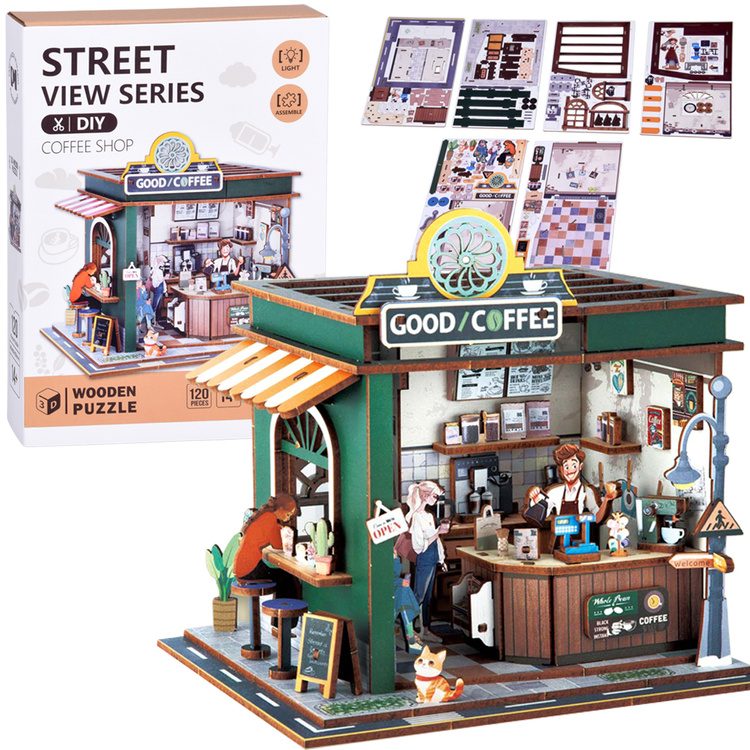 Drevené 3D puzzle – Budova „Kaviareň“ – 120 dielov s osvetlením ZA6012