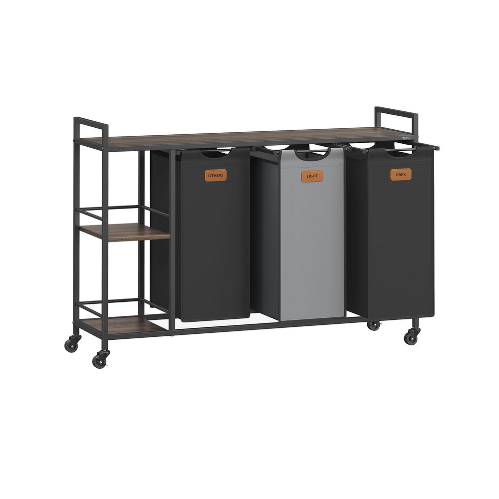 VASAGLE Kôš na bielizeň s 3 priehradkami, kolieskami a odnímateľnými vreckami BLH312B01