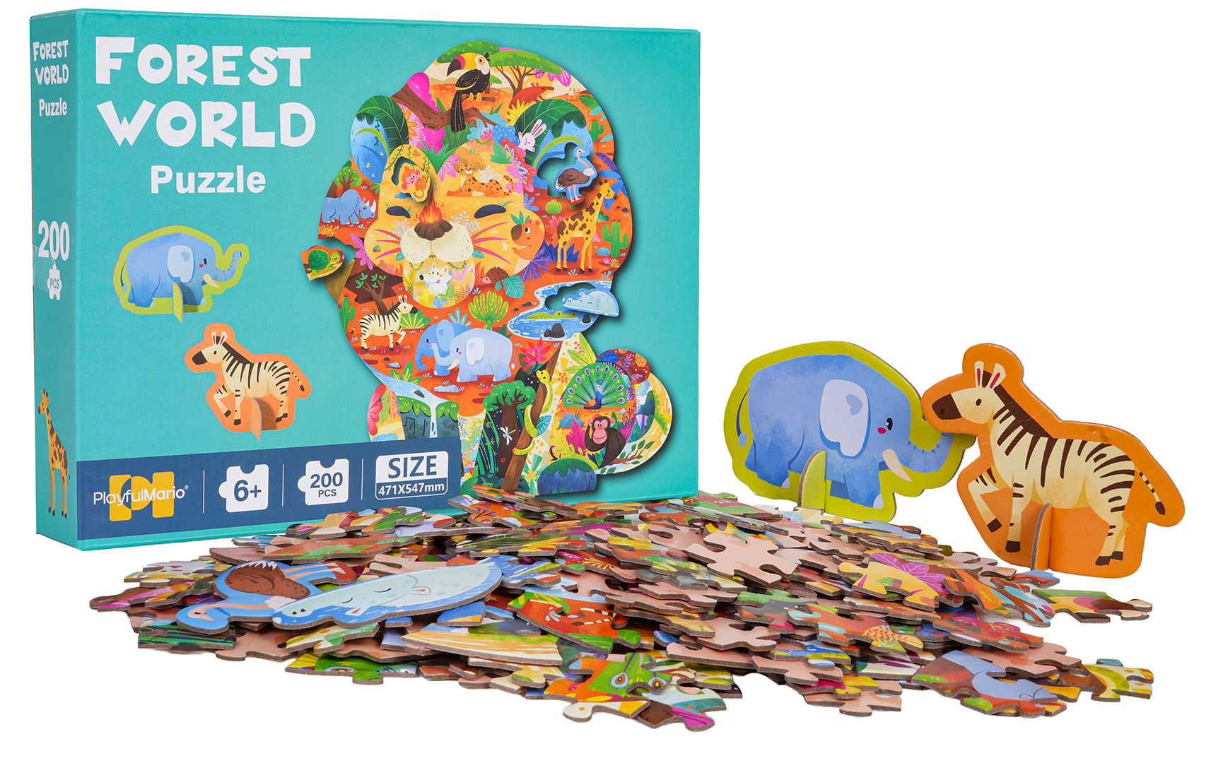 Sada puzzle džungle, 200 dielikov s 2 kartónovými zvieratkami pre deti od 6 rokov