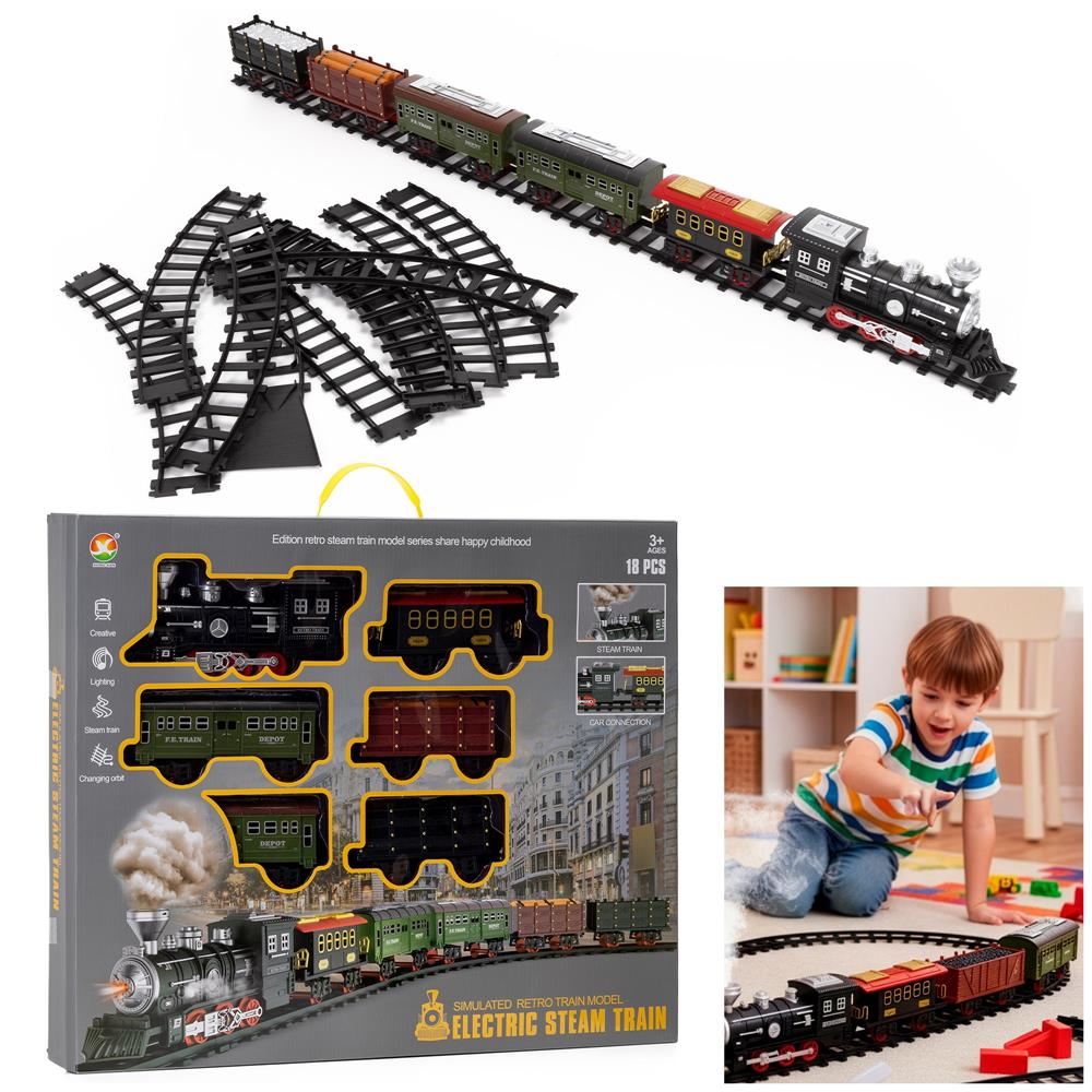 SPRINGOS Detský vláčik s vagónmi, hmlou a zvukmi – parná lokomotíva s koľajnicami KG0053